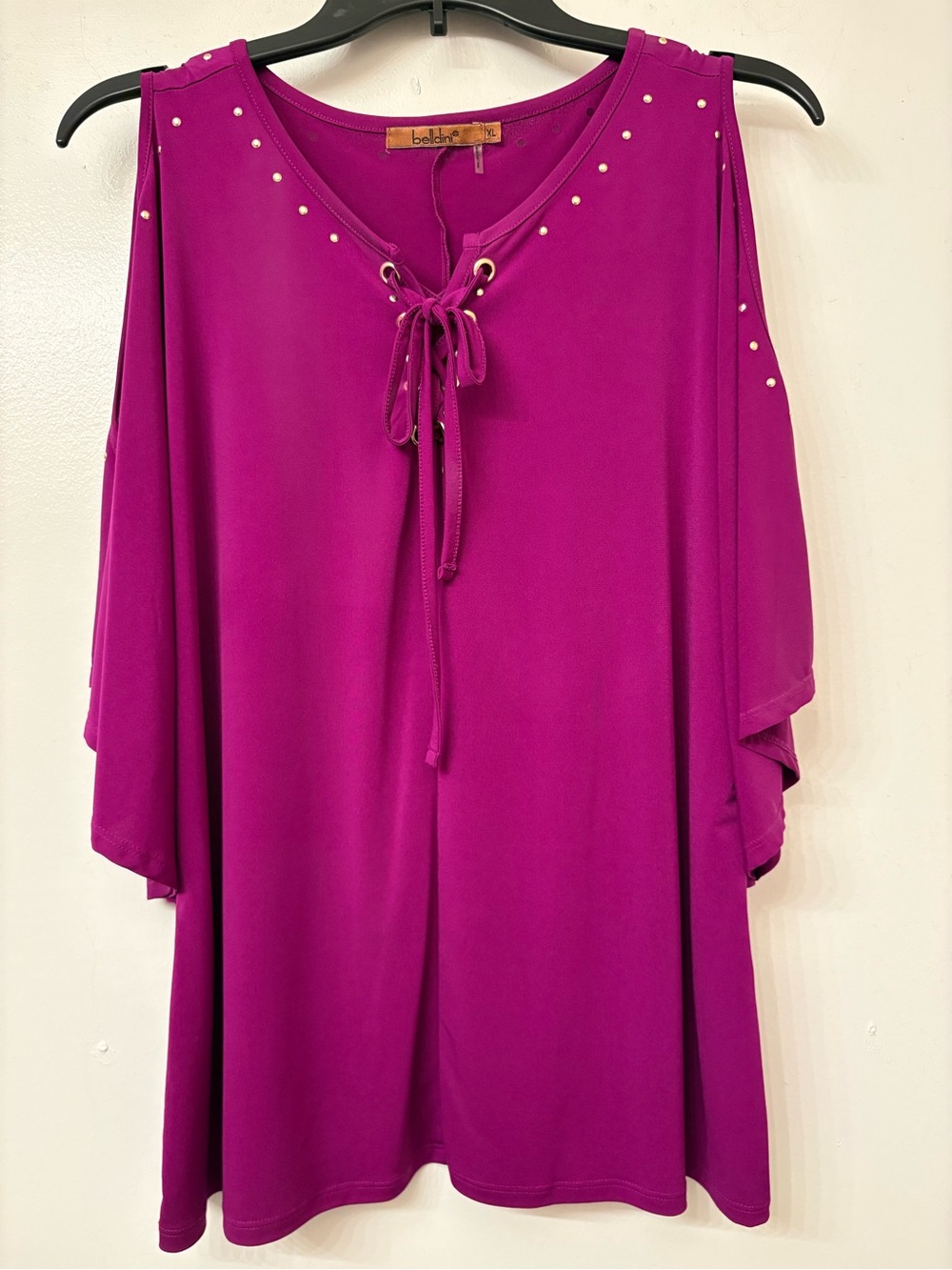 Belldini Fuchsia Cold-Shoulder Tie-Neck Top with Stud Accents